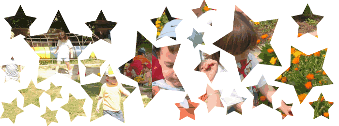 Nens petits jugant al parc infantil i al jardí. La imatge no es veu sencera perquè està dividida amb trossets amb forma d’estrella.